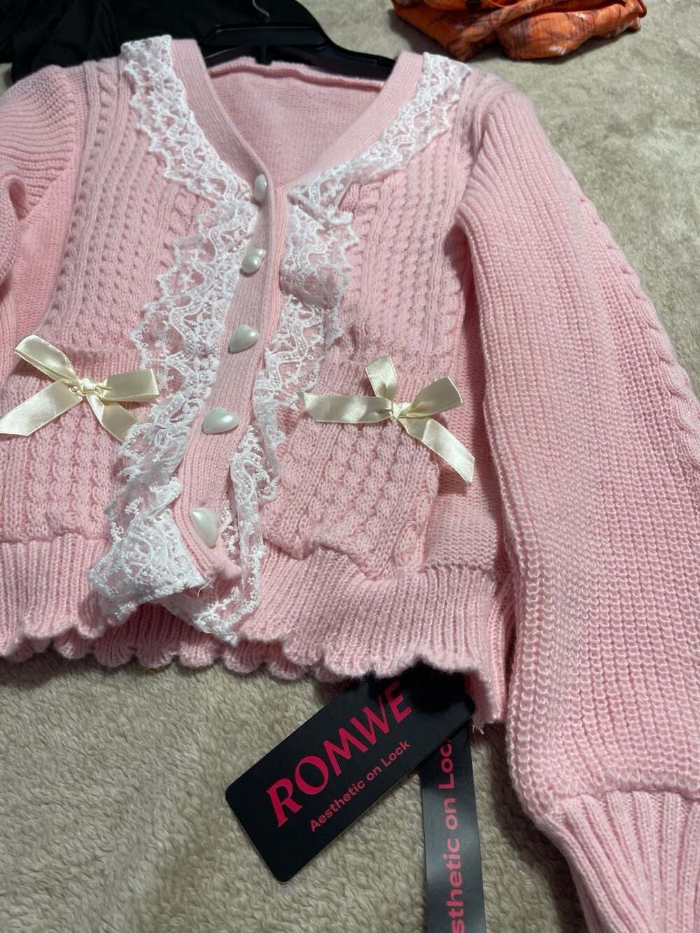 ROMWE Pink Lace Trim Heart Button Bow Cable Knit Cardigan